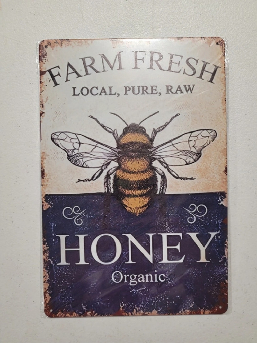 Farm Fresh Honey Bee Wall Sign Blue & Brown